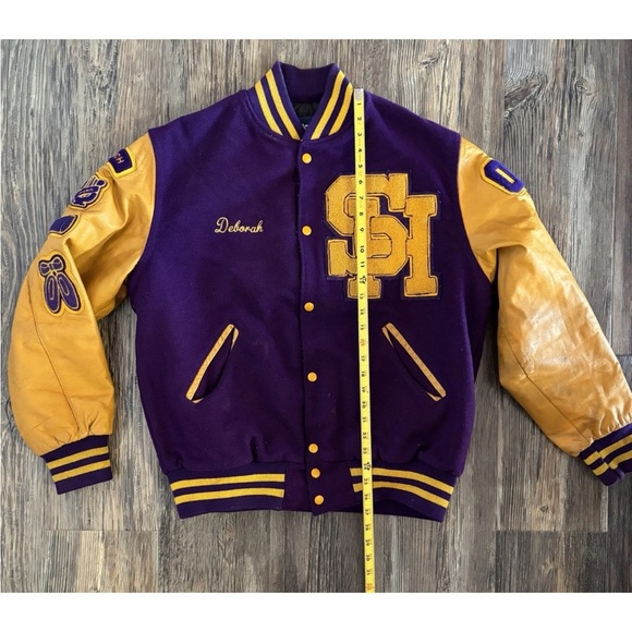 2002 Holloway Letterman Jacket Womens Lg Purple Mustard Eagles Speech Band Cheer - Picture 5 of 8